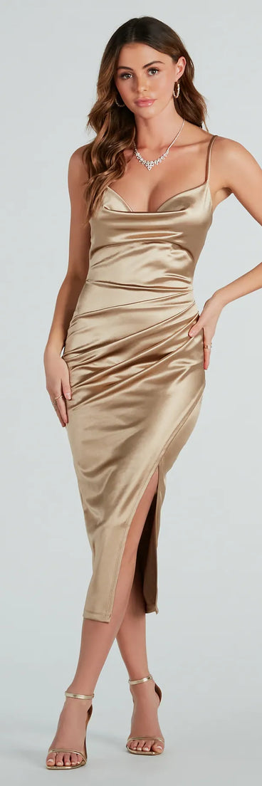 Revamp your 2025 wardrobe with this chic addition, the Classic Glamour High Slit Satin Midi Dress in gold, perfect for elevating your style in the new year.