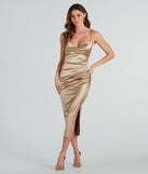 Revamp your 2025 wardrobe with this chic addition, the Classic Glamour High Slit Satin Midi Dress in gold, perfect for elevating your style in the new year.