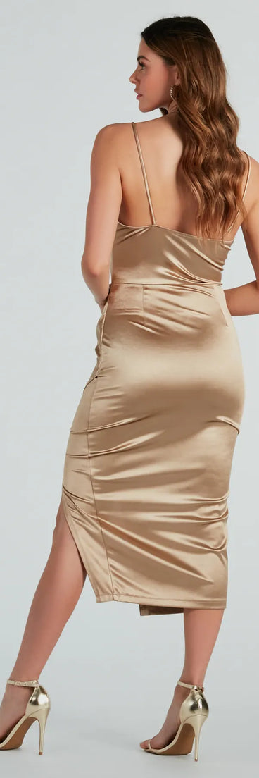 Revamp your 2025 wardrobe with this chic addition, the Classic Glamour High Slit Satin Midi Dress in gold, perfect for elevating your style in the new year.
