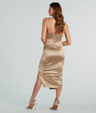 Revamp your 2025 wardrobe with this chic addition, the Classic Glamour High Slit Satin Midi Dress in gold, perfect for elevating your style in the new year.