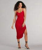 The midi dress length on the Sultry Status High Slit Ruched Bodycon Midi Dress provides an elevated silhouette perfect for any party, occasion, or everyday styling.