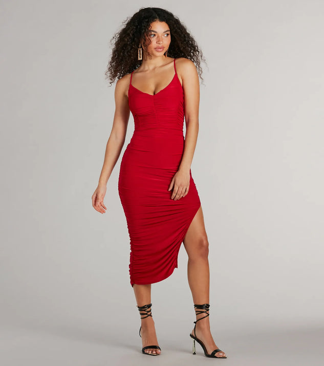 The midi dress length on the Sultry Status High Slit Ruched Bodycon Midi Dress provides an elevated silhouette perfect for any party, occasion, or everyday styling.
