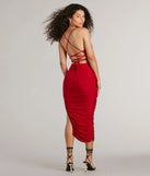 Sultry Status High Slit Ruched Bodycon Midi Dress in red , a stylish red dress with a flattering fit and fabric that adds allure to your look, perfect for wedding guest attire, cocktail events, or making a bold statement on a date night.