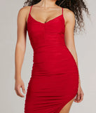 Revamp your 2025 wardrobe with this chic addition, the Sultry Status High Slit Ruched Bodycon Midi Dress in red, perfect for elevating your style in the new year.