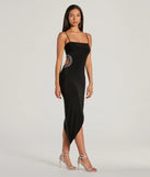 The Ignite The Night Rhinestone Cutout Midi Dress in black is a standout holiday party outfit with luxurious fabrics and a chic, festive style, perfect for holiday parties and NYE celebrations.