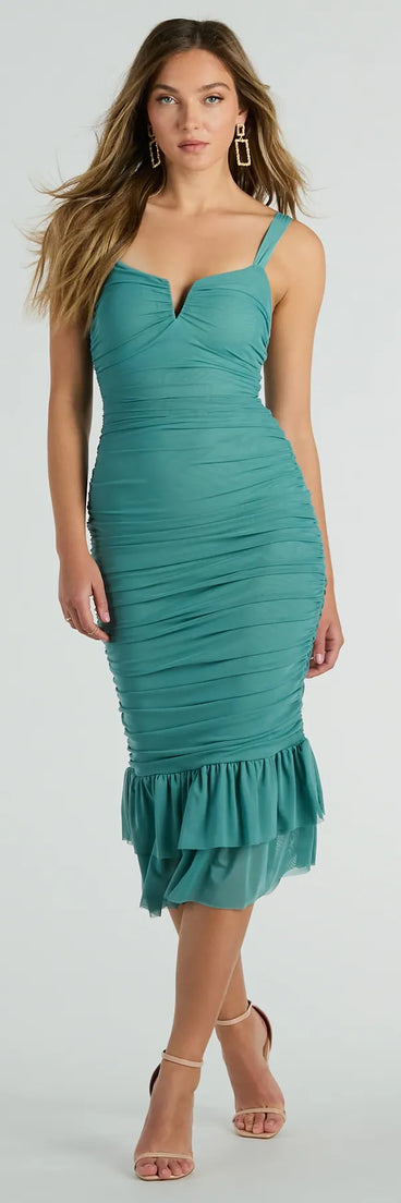 The midi dress length on the Turn On The Charm Ruffled Mesh Midi Dress provides an elevated silhouette perfect for any party, occasion, or everyday styling.