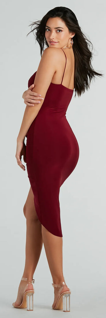 The midi dress length on the Ruffle Me Up V-Neck Midi Dress provides an elevated silhouette perfect for any party, occasion, or everyday styling.