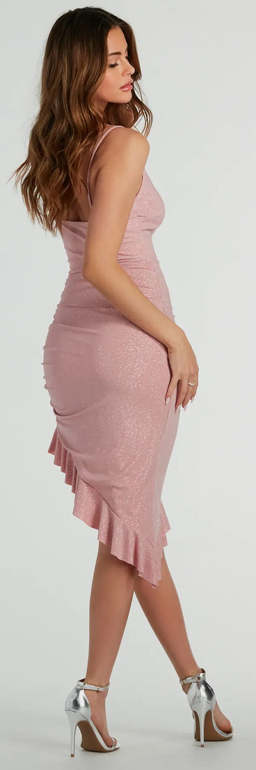 The midi dress length on the Glitzy Era Ruffled Slit Ruched Glitter Midi Dress provides an elevated silhouette perfect for any party, occasion, or everyday styling.