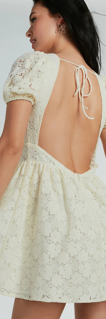 Flirty Aura Puff Sleeve Floral Lace Skater Dress