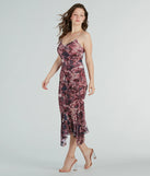 Make a bold statement in the Bloom With A View Floral Ruffle Midi Dress in wine, the perfect summer dress for weddings, cocktail hours, nights out, and/or seasonal celebrations.