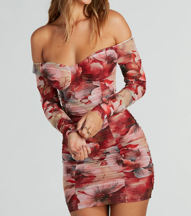 Bold Bloom Off-The-Shoulder Floral Mesh Mini Dress | Windsor Bold Bloom Off-The-Shoulder Floral Mesh Mini Dress | Windsor