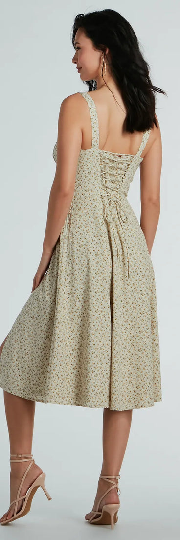 Delightful Cutie Corset Lace-Up Floral Midi Dress