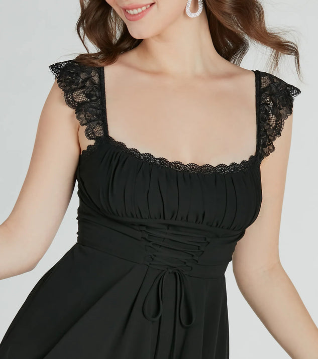 Ameri（アメリ）の「DECOLLETE LACE EMPIRE DRESS（ワンピース