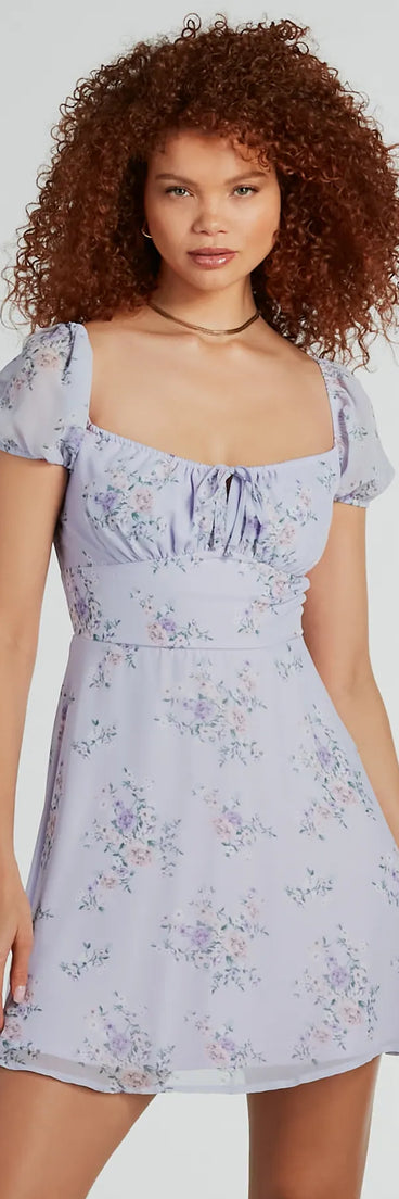 Sweetest Style Puff Sleeve Floral Chiffon Skater Dress