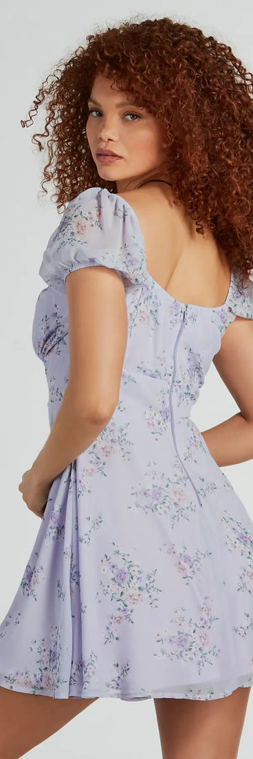 Sweetest Style Puff Sleeve Floral Chiffon Skater Dress