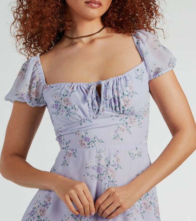 Sweetest Style Puff Sleeve Floral Chiffon Skater Dress