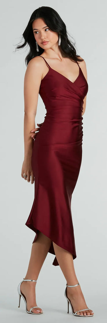 Steal the spotlight in the Spotlight Moment V-Neck Surplice Midi Dress in wine, a fiery pick from the red homecoming dresses collection designed for bold entrances.