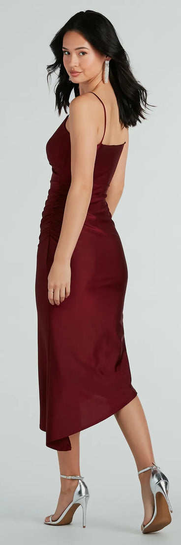 Spotlight Moment V-Neck Surplice Midi Dress in wine, a stylish red dress with a flattering fit and fabric that adds allure to your look, perfect for wedding guest attire, cocktail events, or making a bold statement on a date night.
