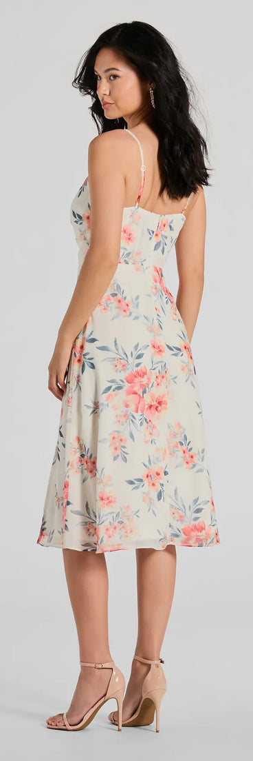 The Floral Energy Sleeveless A-Line Chiffon Midi Dress as your wedding guest dress with a stylish neckline and/or sleeves and elevated details on the back and front will make you the best dressed at any event!
