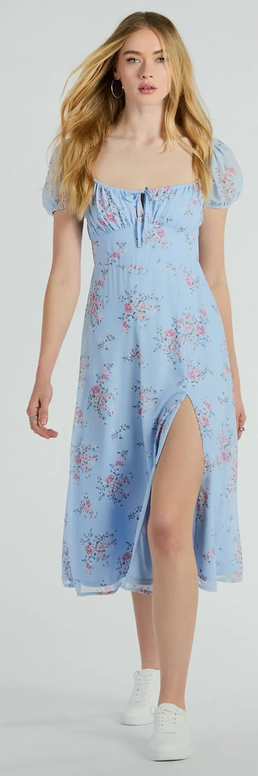 With its mid-calf hem and popular flattering fit, the Forever Beauty Puff Sleeve Floral Chiffon Midi Dress in light blue nails the balance of trend and ease, redefining go-to midi dresses for any occasion.