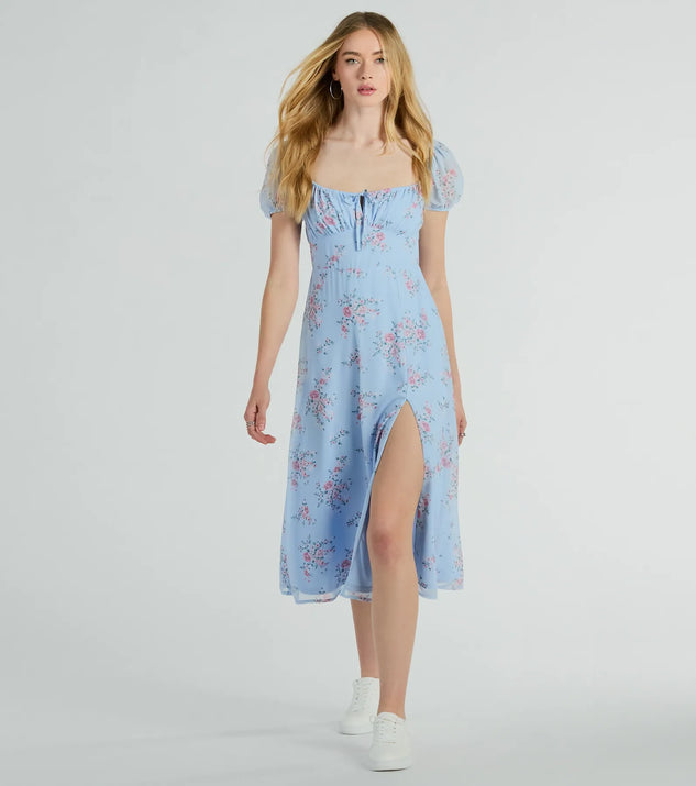 With its mid-calf hem and popular flattering fit, the Forever Beauty Puff Sleeve Floral Chiffon Midi Dress in light blue nails the balance of trend and ease, redefining go-to midi dresses for any occasion.