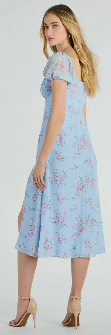Make a bold statement in the Forever Beauty Puff Sleeve Floral Chiffon Midi Dress in light blue, the perfect fall dress for weddings, cocktail hours, nights out, and/or seasonal celebrations.
