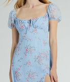 Make a bold statement in the Forever Beauty Puff Sleeve Floral Chiffon Midi Dress in light blue, the perfect spring dress for weddings, cocktail hours, nights out, and/or seasonal celebrations.
