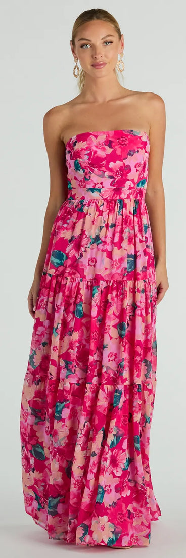 Radiate Romantic Vibes Strapless Floral Chiffon Maxi Dress | Windsor Radiate Romantic Vibes Strapless Floral Chiffon Maxi Dress | Windsor