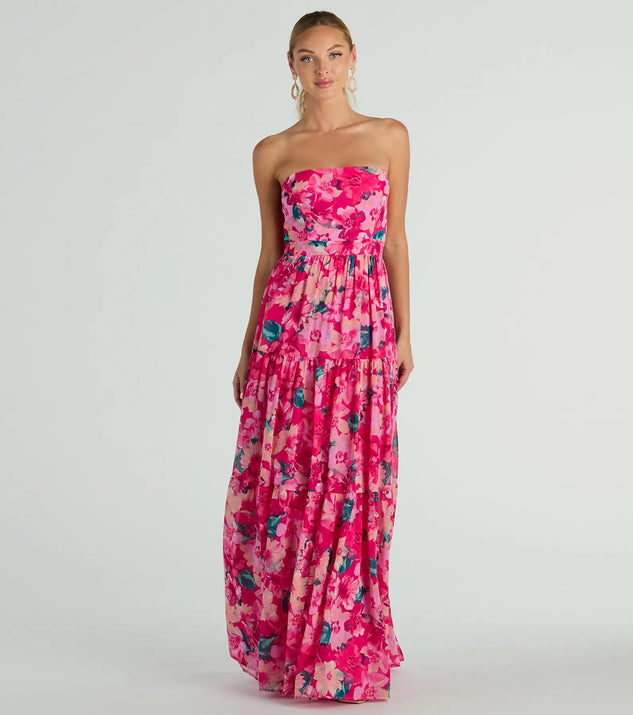 mimosaページ Radiate Romantic Vibes Strapless Floral Chiffon Maxi Dress