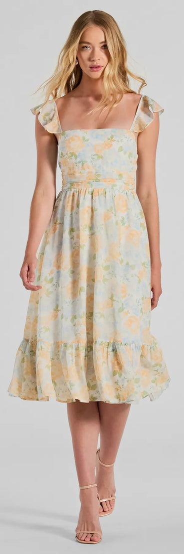 Delightfully Chic Ruffled Floral Chiffon Midi Dress