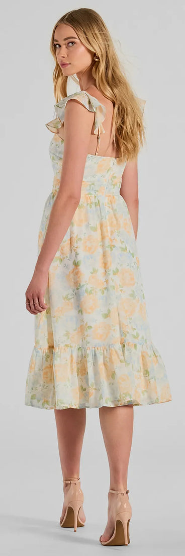 Delightfully Chic Ruffled Floral Chiffon Midi Dress