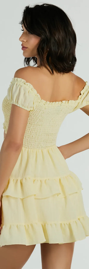 yellow off the shoulder skater dress Off The Shoulder Skater Mini Dress In Yellow Broderie | EGO US