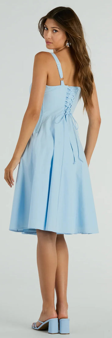 Feel instantly put-together in the Picturesque Cutie Corset Lace-Up A-Line Midi Dress in blue, a stylish wedding guest dress designed for confident style and all-out celebration.