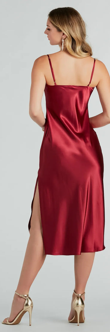 All The Elegance Satin Slip Midi Dress in wine , a stylish red dress with a flattering fit and fabric that adds allure to your look, perfect for wedding guest attire, cocktail events, or making a bold statement on a date night.