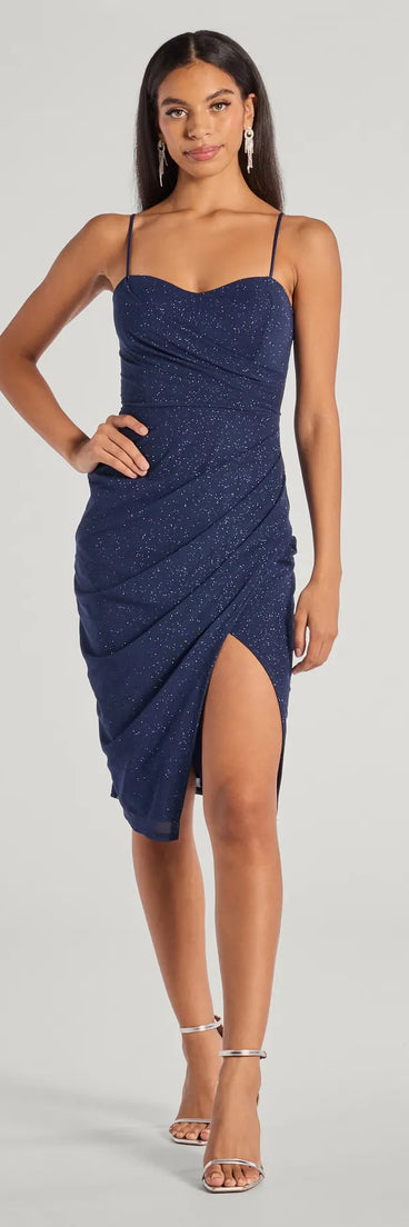 Glitz And Glimmer Glitter Mesh Wrap-Front Midi Dress