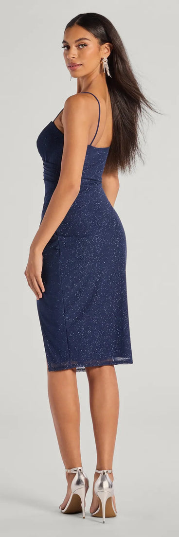 Glitz And Glimmer Glitter Mesh Wrap-Front Midi Dress