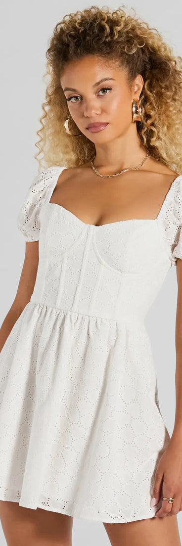 The Compliment Collector Corset Eyelet Skater Dress is a casual dress for more than special occasions with a fitted or flowy silhouette and accents in the most recent trends!
