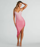 The Eye-Catching Energy Glitter Ombre Midi Dress is a shimmery pink glitter dress that catches the light beautifully, perfect for any special outfit like Winter Formal attire, clubwear, or a wedding guest dress.