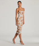 The Admiring Muse Sleeveless Bodycon Floral Midi Dress in taupe combines chic design and festive charm, offering a cocktail dress perfect for winter cocktail parties, work events, and holiday soirées.