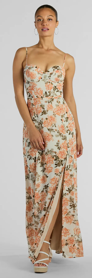 The Gorgeous Arrival Rose Floral Chiffon Maxi Dress is a ivory dress, an essential holiday or NYE dress that pairs chic style with versatility making it perfect for cocktail events, New Year's Eve parties, or as a winter wedding guest look.