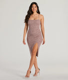 Feel instantly put-together in the Glam Upgrade Lace-Up Bodycon Glitter Midi Dress in taupe, a summer wedding guest dress designed for confident style and all-out celebration.