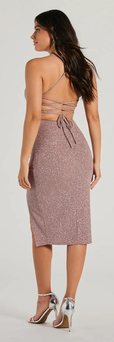 Own the evening in the Glam Upgrade Lace-Up Bodycon Glitter Midi Dress in taupe, a summer cocktail dress perfect for rooftop parties and stylish soirées.
