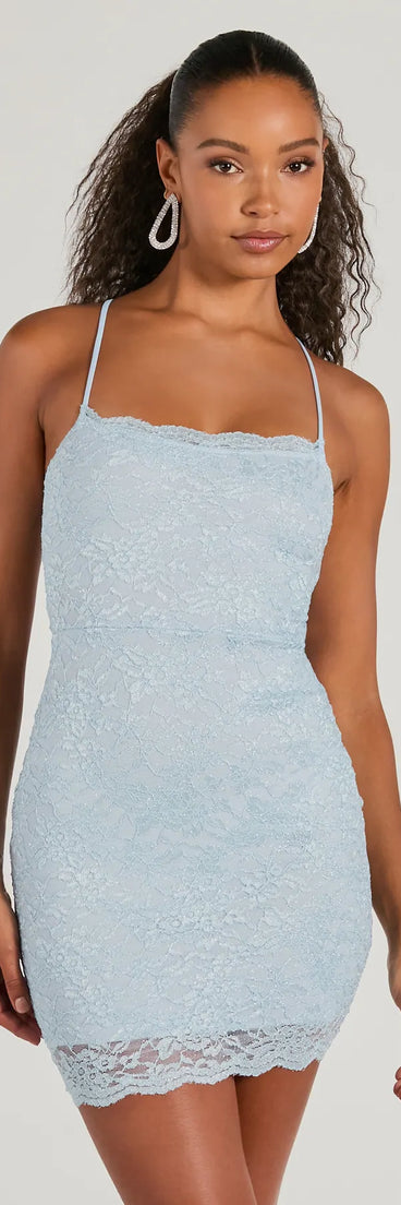 Step into winter chic with the Modern Love Lace-Up Lace Glitter Mini Dress, a light blue mini dress featuring an above-the-knee cut ideal for cocktail parties, festive gatherings, or clubwear.