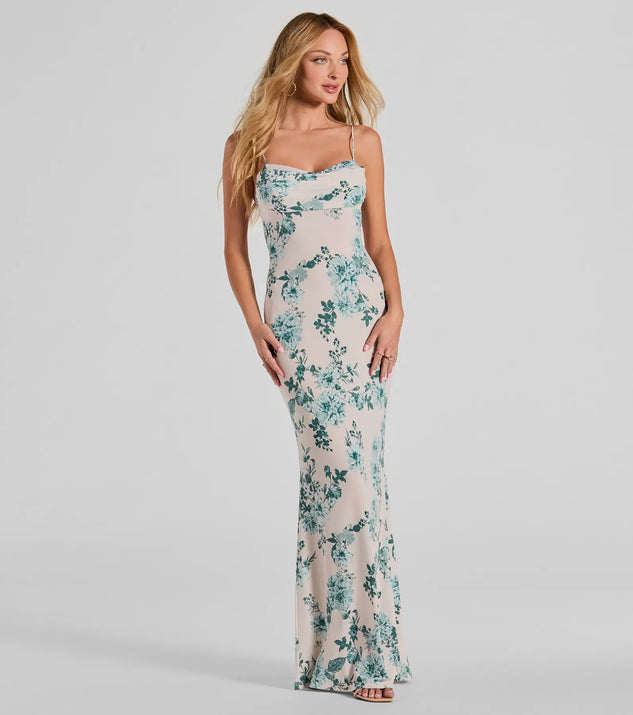 Delightful And Sweet Cowl Neck Floral Maxi Dress