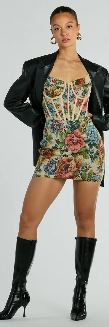 Step into winter chic with the Chic Charm Floral Tapestry Corset Mini Dress, a multi-color mini dress featuring an above-the-knee cut ideal for cocktail parties, festive gatherings, or clubwear.
