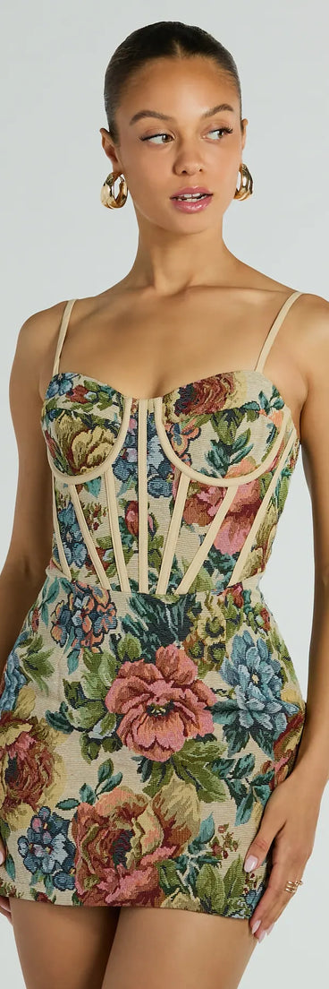 The Chic Charm Floral Tapestry Corset Mini Dress is a stylish multi floral dress featuring a fresh seasonal print and flattering design, perfect for garden parties, bridal showers, Valentine's Day celebrations, or everyday spring styling.
