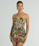 The Chic Charm Floral Tapestry Corset Mini Dress is a stylish multi floral dress featuring a fresh seasonal print and flattering design, perfect for garden parties, bridal showers, Valentine's Day celebrations, or everyday spring styling.