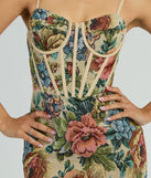 The Chic Charm Floral Tapestry Corset Mini Dress is a stylish multi floral dress featuring a fresh seasonal print and flattering design, perfect for garden parties, bridal showers, Valentine's Day celebrations, or everyday spring styling.