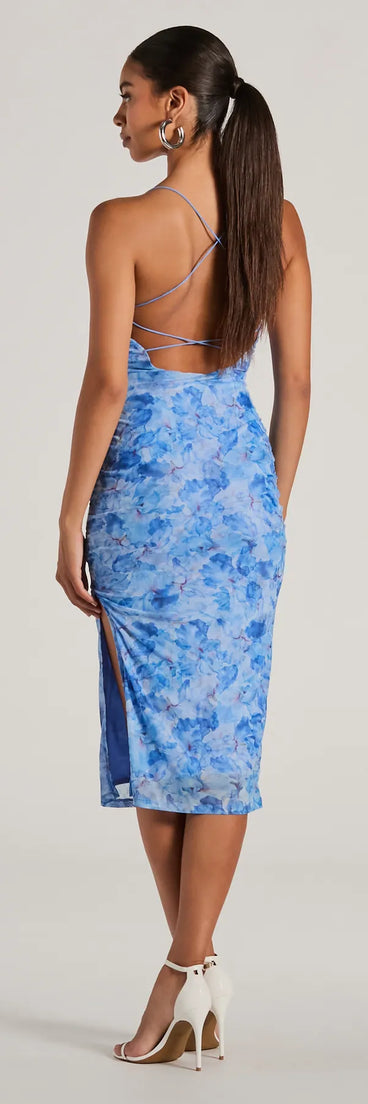 Flaunt your silhouette in the tight Endless Events Strappy Back Floral Midi Dress in blue, a bodycon dress that empowers your look with bold style and effortless edge.
