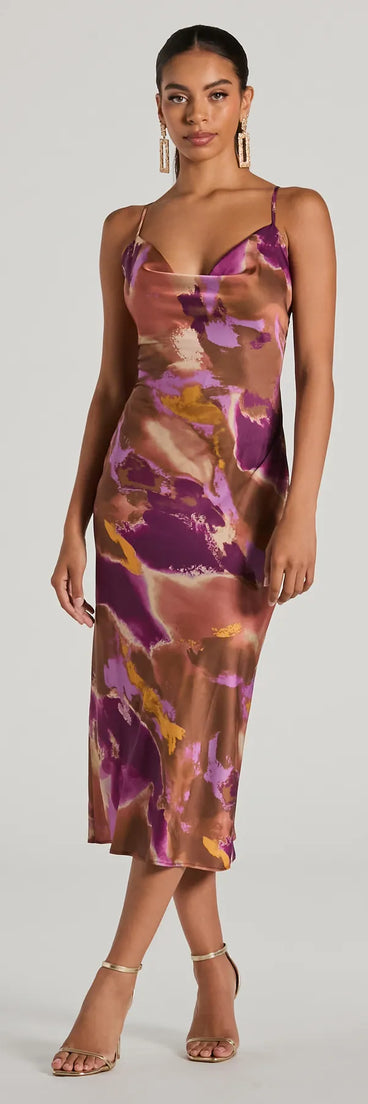 The midi dress length on the Always Impress Cowl Neck Tie-Dye Satin Midi Dress provides an elevated silhouette perfect for any party, occasion, or everyday styling.